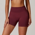 Seamless high-waisted yoga shorts in burgundy color with ribbed waistband for fitness - Cherry Red
