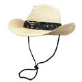 Detail of western straw hat featuring black leather band and embossed bull head metal emblem - M (56-58cm) / Beige