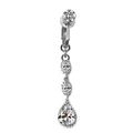 Macro detail of silver navel ring featuring crystal drop pendant and round zircon stones - Pear Shape Pendant