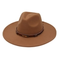 Exotic wide brim wool felt jazz hat in dark brown with gold feather metal accessory - Adult (57-60cm) / Khaki Heart (Gold Feather)