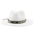 Close-up of white panama hat with black leather band and bronze bull head emblem - M (56-58cm) / White