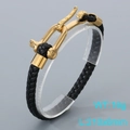 Men's braided black leather bracelet with golden horseshoe buckle and textured metal finish - Style A Gold (KB205364-JR)
