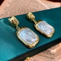 Vintage style gold earrings with irregular metal texture and white mother-of-pearl inlay - Silver Earring Post Wrinkled Pearl Square Earrings