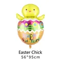Detail view of 56x95cm Happy Easter chick aluminum foil balloon with floral egg design - Shaped Easter Hatching Chick