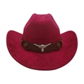 Rose red western cowboy hat with brown leather band and metallic longhorn bull head ornament - Burgundy