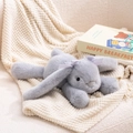 Gray plush bunny doll in a lying position with lavender checkered bows on ears - 35cm / Grey Rabbit