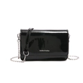Glossy black patent leather square shoulder bag with silver metal chain strap - Black