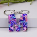 Letter M keychain with colorful shell stones in transparent resin and silver clasp - Letter M