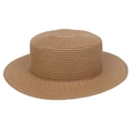 Classic straw boater hat in natural tan color with flat brim for sun protection - Cow Skull Decor Band Style (284K)