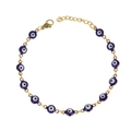 Detailed view of golden chain bracelet with blue evil eye charms and adjustable lobster clasp - Dark Blue (B4201--D)