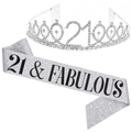 Silver 21st birthday tiara and shimmering 21 & Fabulous sash set for party celebration - 2# Silver 21 & Fabulous Set