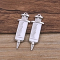 Silver syringe charms with white enamel and graduation lines for jewelry making - Large Syringe / Silver/White