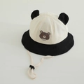 Close-up of baby sun hat featuring bear ears and embroidered cartoon bear detail - 48-50cm (1-2 Years) / Black Teddy Bear