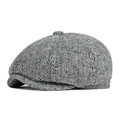 Men's wool herringbone newsboy cap in grey and white with classic british retro style - L (56-57cm) / Light Gray