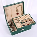 Dark green leather jewelry box with beige lining and double-layer storage design - Basic Green (Plain Grain) / 23x17x8cm