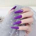 Detailed view of long coffin-shaped deep purple glossy press-on nails for women - Bright Purple (CBLL-32)