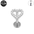 G23 Titanium heart-shaped labret stud with clear zircon and internal thread - Heart Zirconia / Internal Threaded / Silver