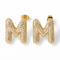 Elegant gold-plated letter M stud earrings with shimmering cubic zirconia micro-pave - Letter M