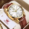 OLEVS men's quartz watch with gold case, white dial and brown leather strap in a gift box - White Dial Brown Leather Men