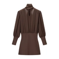 Deep brown long sleeve mini dress with high neck cutout and silky chiffon texture - S / Coffee