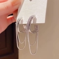 Silver C-shaped hoop earrings with long double-layered snake chain tassels - C-Shape Snake Chain / Silver