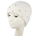 Bonnet en tricot blanc pour femme orné de strass colorés et revers épais à côtes douces - Taille Unique(55-60cm) / Blanc