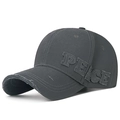 Distressed charcoal grey baseball cap with frayed PEACE patch and vintage ripped brim - Gray