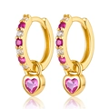 Orecchini a cerchio dorati con pendente a cuore rosa e pietre di zircone lucide - Oro-Rosa Rosso