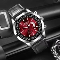 Men's automatic business watch with red textured dial and black genuine leather strap - Red Dial Leather Strap