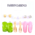 Set of 6 pairs of stylish earrings featuring resin patterns, pearls, and gold hoops - 6 Pairs Set - Green Resin (8859)