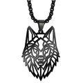 Men's punk hollow wolf head pendant necklace in sleek matte black stainless steel - Black