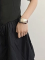 Silver double-layer wide open cuff bracelet shown on model with metallic finish - Type H Silver