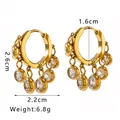 Golden stainless steel geometric earrings with five dangling clear cubic zirconia stones - White Zirconia / Gold