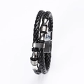 Men's double-layer braided leather bracelet with silver stainless steel magnetic clasp - Black Leather Silver Clasp