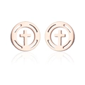 Detail of rose gold stainless steel earrings with circular hollow cross design - Round Hollow Cross / Rose Gold