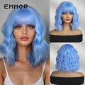 Detailed multi-angle views of short wavy blue bob wig with bangs for a natural look - Sky Blue