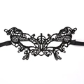 Close-up of black lace eye mask featuring intricate floral vine embroidery and silk ribbons - Small Butterfly