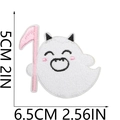 Close-up of white ghost embroidery patch with pink scythe and size measurements - No.27 (Large)