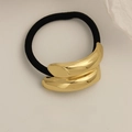 Minimalist elastic hair tie with polished gold curved metal accent in black color - Double Layer Misaligned Curved Glossy Gold