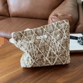 Detail of embroidered white diamond pattern on brown linen cotton cosmetic bag - Khaki Vintage Rhombus Embroidery Style / Khaki