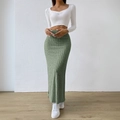 Elegant grass green high waist knitted maxi skirt with side slit and slim fit for women - S / Grey Green