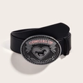 Western black leather belt featuring a metal oval buckle with Cowgirl Up engraving - With Stitched Edge / Black Horse Heart Buckle