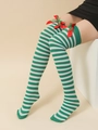 Green and white striped Christmas over-the-knee socks with red and green silk bows - Green White Striped Socks with Red Green Bow