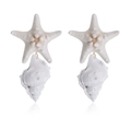 Close-up of handmade white starfish and seashell drop earrings with gold metal links - White Style (DW22091502-1)