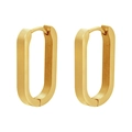 Detailed close-up of small golden oval stainless steel hoop earrings with snap closure - Long Oval / Gold