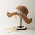 Handmade straw sun hat with white lace ribbon in natural light brown color - L (58-60cm) / Lace Woven Through Khaki