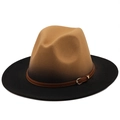 Detail view of two-tone gradient wool fedora with brown leather band and gold buckle - M (56-58cm) / Camel/Black Gradient (09)