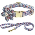 Floral pet collar and leash set in light blue with pink roses and gold hardware - 3-Piece Set(Flower+Collar+Leash) / Size XS(19-28cm) / Light Blue Floral
