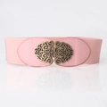 Cinturón elástico rosa con hebilla floral de bronce vintage y detalles de cuero - Rosa