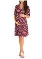 Close-up of maternity dress with burgundy polka dot print, V-neck and waist tie details - S / Wine Red with White Polka Dots